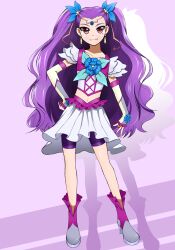  bad_id bad_pixiv_id earrings female flower gyuniku hand_on_own_hip highres jewelry long_hair magical_girl milk_(yes!_precure_5) milky_rose mimino_kurumi navel precure purple_background purple_hair purple_shorts purple_theme red_eyes rose shorts shorts_under_skirt skirt smile solo two_side_up yes!_precure_5 yes!_precure_5_gogo! 