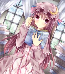  bad_id bad_pixiv_id blush book crescent dress female hat long_hair patchouli_knowledge purple_eyes purple_hair saijou_haruki solo touhou window 