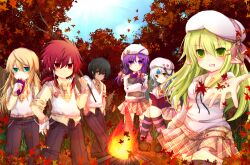  3boys 3girls aisha_landar alternate_costume autumn bad_id bad_pixiv_id bag beret black_hair black_legwear blade_master_(elsword) blonde_hair chung_seiker dark_skin elemental_master_(elsword) elsword elsword_(character) eve_(elsword) green_eyes green_hair group_picture hand_in_pocket hand_on_own_hip hat highres iron_paladin_(elsword) kneehighs leaf loafers long_hair maple_leaf multiple_boys multiple_girls plaid plaid_skirt pointy_ears purple_eyes purple_hair purple_legwear raven_cronwell red_eyes red_hair rena_erindel rudia rune_slayer_(elsword) school_uniform shoes skirt socks striped_clothes striped_socks thighhighs tree white_hair yellow_eyes 