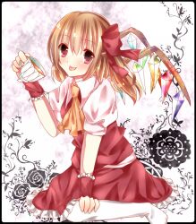  :p ascot bad_id bad_pixiv_id blonde_hair blush cup female flandre_scarlet no_headwear red_eyes ribbon saijou_haruki short_hair side_ponytail skirt smile solo teacup thighhighs tongue tongue_out touhou white_thighhighs wings 