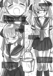  blush circle_ed ed_(artist) miniskirt monochrome original punishment school school_uniform trembling twintails water_bucket 