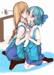  2girls aqua_eyes bad_id bad_pixiv_id blue_eyes blue_hair blush bra braid brown_hair character_request cheek-to-cheek commentary_request copyright_request heads_together highres holding_hands interlocked_fingers kobeya lingerie long_hair multiple_girls saliva saliva_trail see-through short_hair sitting twin_braids underwear wariza yunoka_gashu yuri 