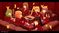  6+girls asmodeus beelzebub belphegor black_hair blonde_hair breasts brown_hair cleavage curly_hair food green_hair hair_ornament large_breasts leviathan_(umineko) long_hair lucifer mammon multiple_girls oppai ponytail red_eyes satan side_ponytail stakes_of_purgatory twintails umineko_no_naku_koro_ni 