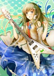  ascot bare_shoulders blue_eyes blush commentary_request detached_sleeves electric_guitar female frog gibson_flying_v green_hair guitar hair_ornament hair_tubes highres instrument kochiya_sanae long_hair metalwasabi open_mouth photoshop_(medium) skirt smile snake solo sticker touhou 