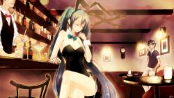  2boys animal_ears aqua_hair bad_id bad_pixiv_id bar_(place) bare_legs bartender bow bowtie crossed_legs detached_collar female formal hatsune_miku highres indoors long_hair multiple_boys playboy_bunny rabbit_ears sitting smile suit traditional_bowtie twintails very_long_hair vocaloid wrist_cuffs yucca_(hitsujin) 