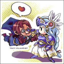  1boy armor blue_hair cape chibi female glasses gloves heart helm helmet lenneth_valkyrie lezard_valeth lowres short_hair valkyrie_profile_(series) 