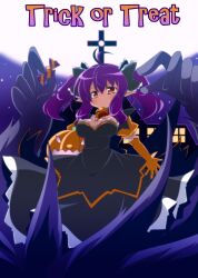  ahoge bell bow breasts candy commentary_request dress elbow_gloves female food gloves hairbow halloween highres jack-o&#039;-lantern long_hair medium_breasts oborotsuki_kakeru original partial_commentary pointy_ears pumpkin purple_hair red_eyes solo trick_or_treat twintails 