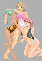  :o barefoot between_breasts between_thighs blush boob_chomp bottle breasts closed_eyes competition_swimsuit dark_skin feet green_eyes green_hair hand_on_shoulder hug kneeling large_breasts long_hair mizugi mizuno one-piece_swimsuit open_mouth original pettanko pink_hair ponytail purple_eyes shoko_(moccom) short_hair tanlines tanned 