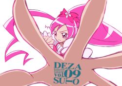  bad_id bad_pixiv_id bow brooch cure_blossom female foreshortening hair_ribbon hanasaki_tsubomi heart heart_brooch heartcatch_precure! high_ponytail jewelry long_hair magical_girl outstretched_hand photoshop_(medium) pink_bow pink_eyes pink_hair pink_theme ponytail precure ribbon solo umakoshi_yoshihiko_(style) watanabe_yuuki 