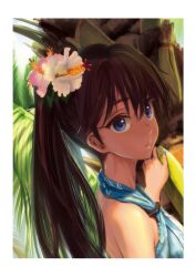  andou_shuki black_hair border commentary_request female flower ganaha_hibiki hair_flower hair_ornament idolmaster idolmaster_(classic) long_hair looking_at_viewer ponytail shade solo upper_body 