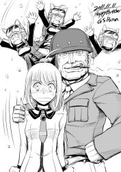  4girls abigail_(world_witches_series) animal_ears arms_up bad_id bad_pixiv_id bag cat_ears cat_girl charlotte_lueder cigar commentary_request george_s_patton greyscale grin hand_on_another&#039;s_shoulder hand_on_own_hip helmet highres iijima_takatoshi marilyn_(world_witches_series) military military_uniform monochrome mouth_hold multiple_girls open_mouth patricia_(world_witches_series) smile uniform witches_of_africa world_witches_series 