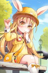  :&lt; animal_ears artist_request bag blonde_hair bobby_socks bow cannelle_(sword_girls) dress female frills handbag hat kindergarten_bag kindergarten_uniform lamppost lolicon long_hair lowres outdoors rabbit_ears ribbon school_hat socks solo sword_girls tree yellow_eyes 