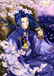  1boy bad_id bad_pixiv_id bird bishounen blue_eyes blue_hair cherry_blossoms fate/stay_night fate_(series) japanese_clothes kenen_tanabata long_hair male_focus monohoshizao photoshop_(medium) ponytail sasaki_kojirou_(fate) sheath sheathed solo swallow_(bird) sword weapon 