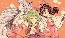  3girls aged_down arm_grab ascot bare_shoulders black_hair bow closed_eyes commentary_request detached_sleeves fujiwara_no_mokou green_hair hair_tubes hairbow hakurei_reimu kazami_yuuka kinosaki long_hair multiple_girls open_mouth short_hair smile suspenders touhou upper_body very_long_hair white_hair 