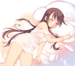  ahoge arima_senne babydoll bed book breasts brown_hair female kashiwamochi_yomogi lingerie long_hair medium_breasts off_shoulder original panties photoshop_(medium) pillow see-through sleeping solo strap_slip underwear 