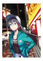  andou_shuki baseball_cap black_hair blue_eyes commentary_request earrings female ganaha_hibiki hair_down hands_in_pockets hat hood hoodie idolmaster idolmaster_(classic) jewelry looking_at_viewer night smile solo 