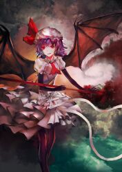  aituoku ascot bad_id bad_pixiv_id bat_wings bodysuit dress female frills gathers hat highres purple_hair red_eyes remilia_scarlet short_hair solo spear_the_gungnir touhou wings 