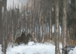  1boy a_song_of_ice_and_fire bare_tree cha cloak commentary_request forest ghost_(a_song_of_ice_and_fire) horse jon_snow male_focus nature outdoors scenery snow tree winter 