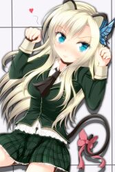  animal_ears aqua_eyes bad_id bad_pixiv_id blonde_hair blush boku_wa_tomodachi_ga_sukunai bug butterfly butterfly_hair_ornament cat_ears cat_tail female hair_ornament kashiwazaki_sena long_hair mayuzumi_makiha paw_pose ribbon school_uniform skirt solo st._chronica_academy_school_uniform tail tail_ornament tail_ribbon 