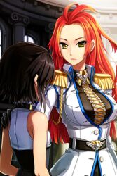  2girls artist_request badge belt black_hair breasts choker choker_over_clothes coat commentary corset dress_shirt epaulettes flat_chest hand_on_another&#039;s_shoulder jaina_preventer korean_commentary large_breasts long_hair lowres multiple_girls photoshop_(medium) red_hair shirt short_hair sita_vilosa striped sword_girls yellow_eyes 