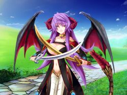  bracelet breasts cape collar demon_wings dual_swords dual_wielding game_cg horns jewels lamia large_breasts long_hair looking_at_viewer monster_girl mound_of_venus naaja navel oerba_yun_fang oppai princess_x purple_hair solo sword weapon wings yellow_eyes 