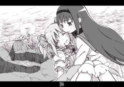  2girls akemi_homura akemi_homura_(magical_girl) bad_id bad_pixiv_id closed_eyes greyscale hairband kaname_madoka kaname_madoka_(magical_girl) letterboxed long_hair magical_girl mahou_shoujo_madoka_magica mahou_shoujo_madoka_magica_(anime) monochrome multiple_girls outdoors photoshop_(medium) power_lines tears twintails watanabe_yuuki 