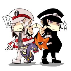  !? 2boys bad_id bad_pixiv_id black_hair blue_eyes cape chibi crossover decarabia_(megami_tensei) devil_summoner_(series) eelektross emmet_(pokemon) grey_eyes hat holster kuzunoha_raidou multiple_boys outstretched_arm peaked_cap pointing pokemon pokemon_(creature) pokemon_bw shako_cap shikayu shin_megami_tensei simple_background sparkle surprised white_hair 