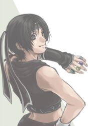  armband back bare_shoulders black_hair brown_eyes commentary_request crop_top detached_sleeves female final_fantasy final_fantasy_vii final_fantasy_vii_advent_children hand_on_own_hip headband looking_back materia midriff short_hair smile solo vest wristband yokutsuki_noa yuffie_kisaragi 