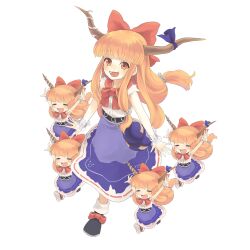  5girls =_= \o/ arms_up bad_id bad_pixiv_id belt clone gourd horn_ornament horn_ribbon horns ibuki_suika konbu_ame long_hair multiple_girls multiple_persona oerba_yun_fang open_mouth orange_hair outstretched_arms ribbon running shoes simple_background skirt smile touhou white_background wrist_cuffs yellow_eyes 