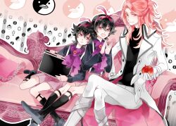  3boys apple black_hair commentary_request food fruit gloves hair_ribbon long_hair male_focus mawaru_penguindrum michi_(iawei) multiple_boys open_mouth photoshop_(medium) pink_hair red_eyes ribbon shirase_(mawaru_penguindrum) souya_(mawaru_penguindrum) watase_sanetoshi 