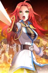  artist_request belt breasts coat epaulettes female fire gloves jaina_preventer large_breasts long_hair lowres open_mouth pants red_hair solo_focus striped sword sword_girls weapon yellow_eyes 