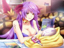  baby blanket book breasts clavicle cleavage collar egg game_cg horns jewels lamia large_breasts long_hair monster_girl mothers_duty naaja oppai pointed_ears princess_x purple_hair rattle reading smile yellow_eyes 