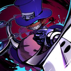  blue_eyes bomb bow character_name commentary_request dark dress evil_smile explosive female foreshortening gloves glowing glowing_eyes grin gun handgun hat looking_at_viewer mechanical_arms orange_hair peacock_(skullgirls) purple_dress red_background revolver sharp_teeth short_hair simple_background skullgirls smile solo sword teeth top_hat weapon yojio_(2188) 