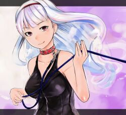  :q bare_shoulders bondage bondage bound collar commentary_request female grey_hair idolmaster idolmaster_(classic) leash long_hair nerotarou pink_eyes pov raised_eyebrow rope shijou_takane slave solo tongue tongue_out viewer_holding_leash 