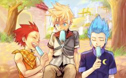  3boys blonde_hair blue_eyes blue_hair commentary_request food isa_(kingdom_hearts) kingdom_hearts kingdom_hearts_birth_by_sleep lea_(kingdom_hearts) magatsumagic male_focus multiple_boys neckerchief popsicle red_hair ventus_(kingdom_hearts) 