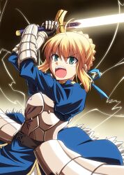  ahoge armor arms_up artoria_pendragon_(fate) blonde_hair commentary_request excalibur_(fate/stay_night) fate/stay_night fate/zero fate_(series) female gauntlets glowing glowing_sword glowing_weapon green_eyes hair_ribbon noble_phantasm_(fate) open_mouth photoshop_(medium) ribbon rimibure saber_(fate) solo sword weapon 