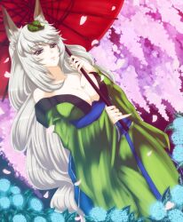  animal_ears blue_eyes breasts cherry_blossoms cleavage collarbone commentary_request curly_hair dutch_angle female flower fox_ears highres japanese_clothes kimono large_breasts leaf leaf_on_head long_hair oboro_muramasa oil-paper_umbrella photoshop_(medium) pinky_out r-wade solo umbrella very_long_hair white_hair yuzuruha 