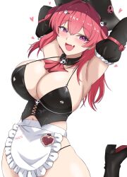  :d absurdres apron arms_up ascot bikini black_bikini black_corset breasts cleavage corset detached_collar detached_sleeves female goddess_of_victory:_nikke hair_ornament hat heart heart_in_eye highres kuro_hopper large_breasts maid maid_apron maid_bikini mast_(nikke) mast_(romantic_maid)_(nikke) name_tag oerba_yun_fang official_alternate_costume pirate_hat purple_eyes red_ascot red_hair skull_hair_ornament smile solo strap_gap swimsuit symbol_in_eye unconventional_maid 