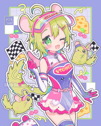  &gt;_o :3 ahoge ashton_marten_(vtuber) bare_shoulders belt blush bow checkered_flag cheese cherry chinchilla_(animal) chinchilla_ears chinchilla_girl chinchilla_tail clothes_writing commission elbow_gloves female flag food fruit gloves green_hair heart highres holding holding_flag indie_virtual_youtuber one_eye_closed open_mouth outline pink_belt race_queen roller_skates see-through_clothes see-through_skirt short_hair skates skeb_commission skirt smile tail tail_bow tail_ornament tasuki6918 teeth upper_teeth_only virtual_youtuber visor_cap watermark white_bow white_outline 