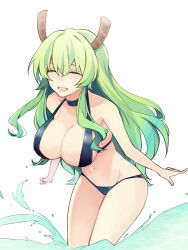  ^_^ alternate_hair_color bare_shoulders bikini black_bikini breasts choker cleavage closed_eyes collarbone commentary_request dragon_girl dragon_horns female green_hair groin highres horns kobayashi-san_chi_no_maidragon large_breasts long_hair lucoa_(maidragon) navel open_mouth partial_commentary revision sidelocks sling_bikini_top solo splashing swimsuit uehara_(dormmmmir_) wading water white_background 