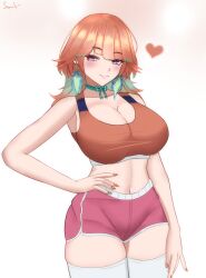  breasts choker closed_mouth cowboy_shot earrings feather_earrings feathers female gradient_hair green_choker green_hair hand_on_own_hip heart highres hololive hololive_english jewelry large_breasts long_hair midriff multicolored_hair navel orange_hair orange_sports_bra pink_eyes pink_nails pink_shorts senpaisif short_shorts shorts simple_background solo sports_bra takanashi_kiara thighhighs virtual_youtuber white_thighhighs 