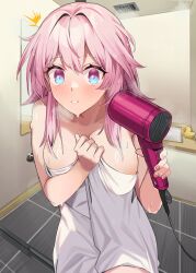  ^^^ absurdres after_bathing bathtub blue_eyes blush breasts drying drying_hair english_commentary female hair_dryer hair_intakes heta highres holding holding_hair_dryer honkai:_star_rail honkai_(series) march_7th_(honkai:_star_rail) medium_breasts medium_hair mirror naked_towel pink_eyes pink_hair pink_pupils rubber_duck solo steam towel two-tone_eyes upper_body wet 