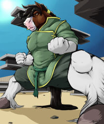  anthro black_mane bodily_fluids brown_body brown_eyes brown_fur clothing construction construction_site construction_worker earth_manipulation elemental_manipulation equid equine fist fur green_clothing green_shirt green_topwear hi_res hooves horse male mammal mane pandottermon power_stance shirt solo steel_beam sweat tail topwear white_body white_fur 