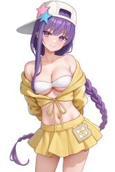  absurdres asymmetrical_hair bandeau bare_shoulders baseball_cap bb_(fate) bb_(swimsuit_mooncancer)_(fate) bb_(swimsuit_mooncancer)_(first_ascension)_(fate) blush braid breasts cleavage collarbone cropped_jacket fanteam fate/grand_order fate_(series) female hat hat_ornament highres jacket large_breasts long_hair long_sleeves looking_at_viewer midriff miniskirt navel purple_eyes purple_hair single_braid skirt smile solo star_(symbol) star_hat_ornament thighs very_long_hair white_hat yellow_jacket yellow_skirt 