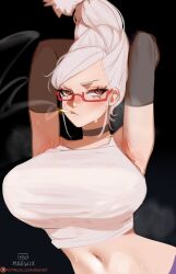  absurdres arm_behind_head armpit_crease armpits arms_up artist_name ayase_seiko beehive_hairdo black_background breasts choker cigarette commentary crop_top dandadan elbow_gloves female frown glasses gloves grey_choker grey_gloves highres large_breasts long_hair looking_at_viewer maewix_(artist) mature_female midriff navel orange_eyes patreon_logo patreon_username red-framed_eyewear semi-rimless_eyewear shirt simple_background sleeveless sleeveless_shirt smoke smoking solo steaming_body tall_hair taut_clothes taut_shirt under-rim_eyewear upper_body white_hair white_shirt 