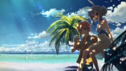  1boy absurdres beach blue_eyes brown_hair dappled_sunlight day djmax djmax_portable djmax_technika dress female grey_hair highres outdoors palm_tree red_eyes sitting suee sundress sunglasses sunlight teo_(djmax) tree tree_shade yuuki_tatsuya 