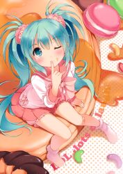  ;) absurdres aqua_eyes aqua_hair bandaid bandaid_on_knee bandaid_on_leg bloomers blush bobby_socks bow bowtie candy closed_mouth doughnut english_text engrish_text female finger_to_mouth food food_on_face from_above hair_ornament hair_scrunchie hatsune_miku highres jelly_bean lol_-lots_of_laugh-_(vocaloid) long_hair looking_at_viewer looking_up macaron mini_person minigirl one_eye_closed oversized_object pan_(mimi) pink_bloomers pleated_skirt polka_dot ranguage school_uniform scrunchie serafuku sitting skirt smile socks solo syrup twintails underwear very_long_hair vocaloid 