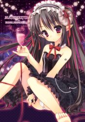  bad_id bad_pixiv_id bare_shoulders barefoot black_hair blush cup demon_girl dress drinking_glass female flower hair_ribbon hairband headdress highres holding horns lolita_hairband long_hair looking_at_viewer nail_polish nanaroba_hana original panties photoshop_(medium) pinky_out pointy_ears red_eyes red_ribbon ribbon sitting snowflakes solo toenail_polish toenails toes underwear white_panties wine_glass 