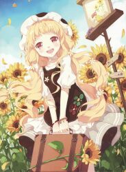  :d absurdres blonde_hair blue_sky blush bracelet choker copyright_request day dress dutch_angle female flower hat highres jewelry long_hair looking_at_viewer nyanya open_mouth petals red_eyes signpost sky smile solo suitcase sunflower v_arms wavy_hair 