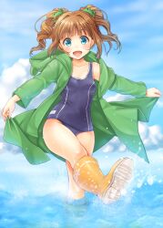  :d blue_eyes blush boots brown_hair cloud coat commentary_request courreges_ace day female frog hair_ornament idolmaster idolmaster_(classic) jacket jacket_over_swimsuit kicking one-piece_swimsuit open_mouth photoshop_(medium) rubber_boots school_swimsuit sky smile solo splashing swimsuit takatsuki_yayoi twintails wading water 